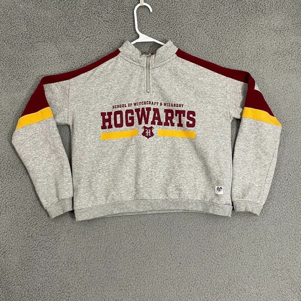 Harry Potter x H&M Hogwarts Sweatshirt Girls 20 Gray 1/4 Zip Cropped Pullover